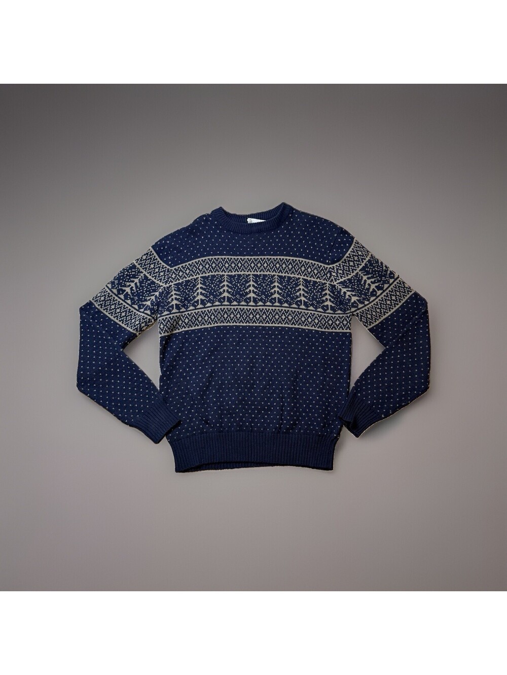 Vintage Y2K AMB Men's XL Navy Blue Fair Isle Snowflake Tree Knit Sweater Taiwan